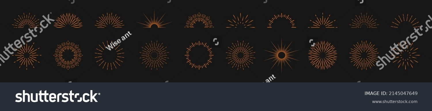 SVG of Sunburst circles. Sunburst half circles. Sun burst lines. Icons for brush. Sparks and rays of stars. Retro elements of sunshine isolated on black background. Icons of sunset or sunrise. Vector. svg