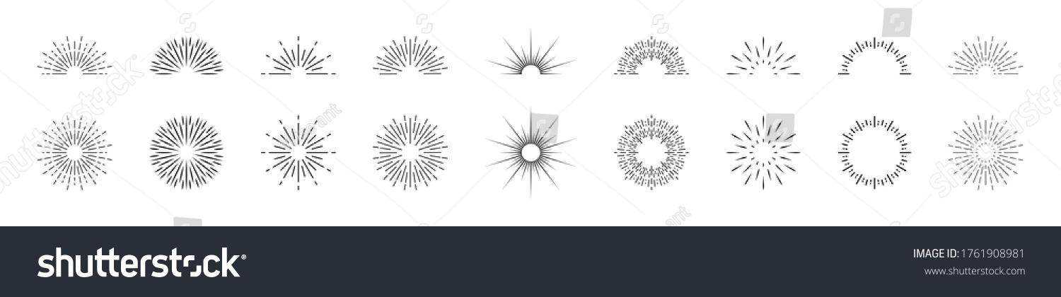 SVG of Sunburst lines. Circle, half circle of burst sun. Sparks and rays of stars. Retro elements of sunshine. Icons of sunset or sunrise. Radial vintage wreath for creative frame and abstract badge. Vector. svg