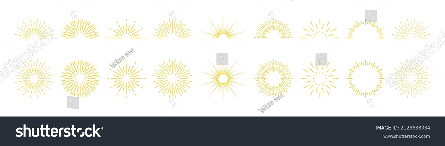 SVG of Sunburst lines. Yellow brush sunburst circles and half circles. Sparks and rays of stars and burst sun. Retro elements of sunshine. Icons of sunset or sunrise. Vector. svg