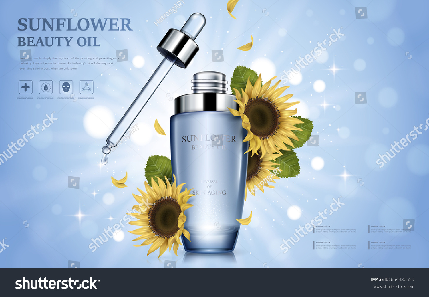 SVG of sunflower beauty oil contained in glossy bottle with flower elements, glittering bokeh background, 3d illustration svg