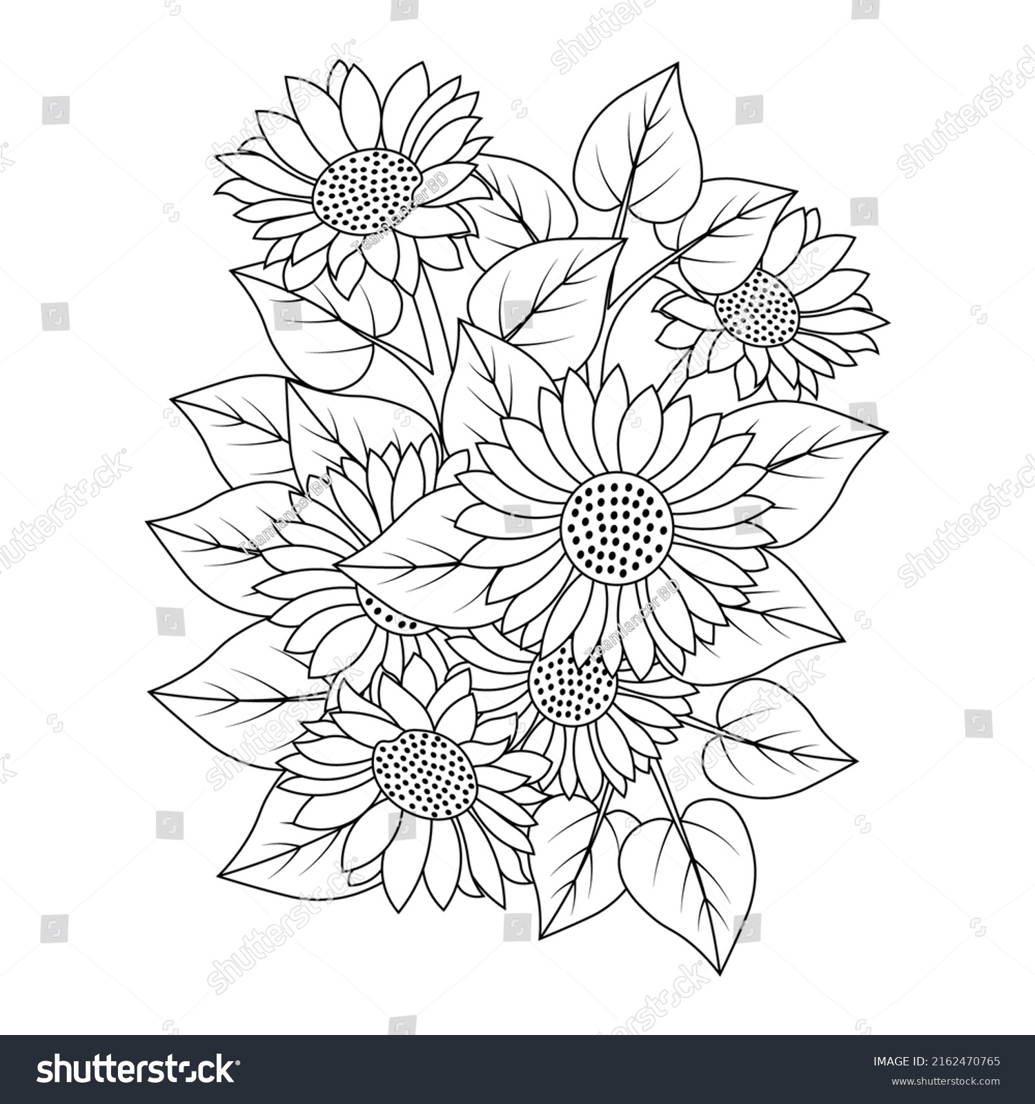 Sunflower Coloring Page Drawing Leaves Doodle Stock Vector (Royalty ...