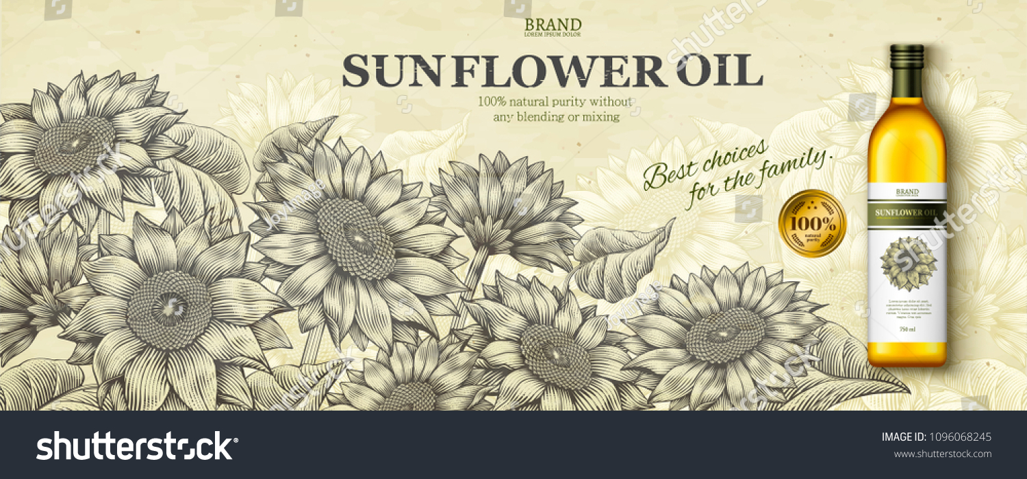 SVG of Sunflower oil ads in engraving style with realistic product in 3d illustration on floral garden scene svg