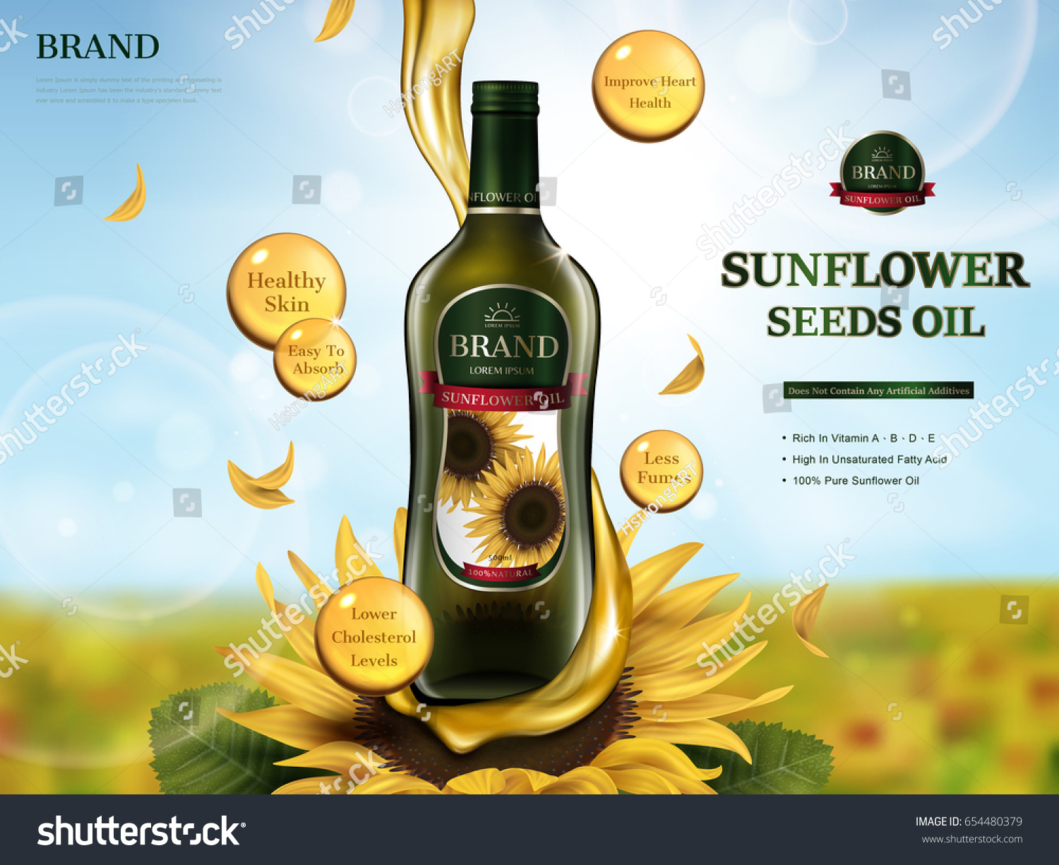 SVG of sunflower oil contained in glass bottle with oil flow element, sunflower farm 3d illustration svg