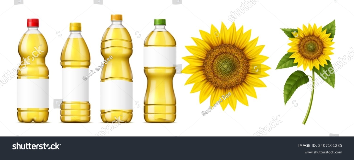 SVG of Sunflower oil isolated 3d vector set. Glistening bottles of pure a golden elixir for culinary magic, standing tall beside a radiant sunflowers in full bloom, natural food, plastic flasks and blooms svg