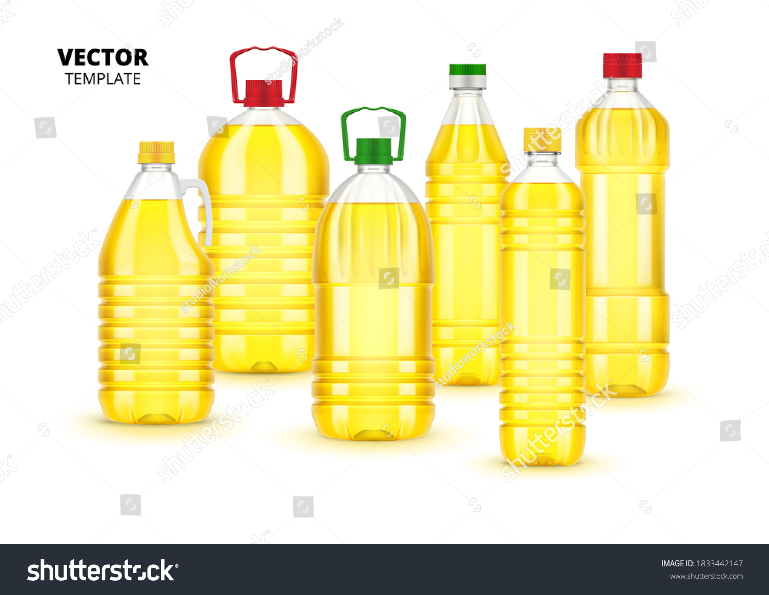 SVG of Sunflower oil plastic bottles with label. Isolated vector yellow sunflower oil food. Vegetarian organic ingredient for cooking in containers on white background svg