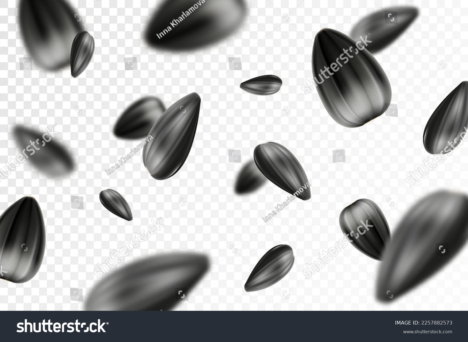 SVG of Sunflower seed background. Flying sunflower seed isolated on transparent background. Selective focus. Can be used for advertising, packaging, banner. Realistic 3d design. Vector illustration svg