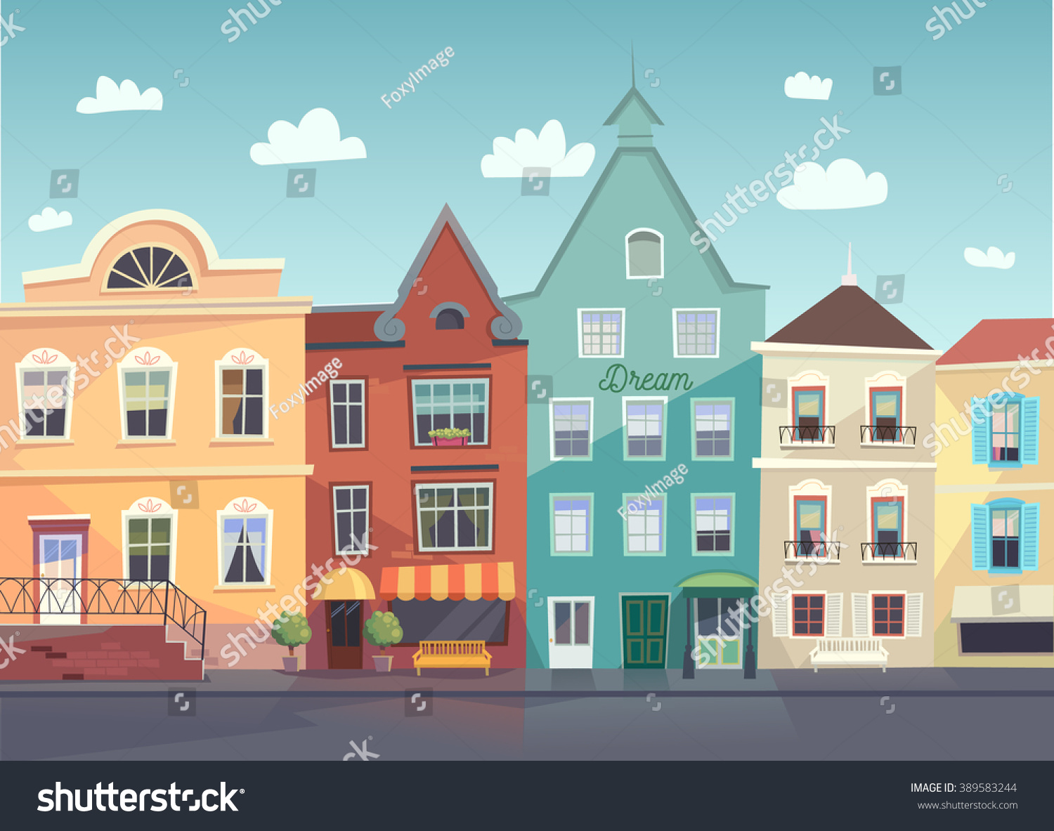 Sunny City Street Doors Windows Boutiques Stock Vector 389583244 ...