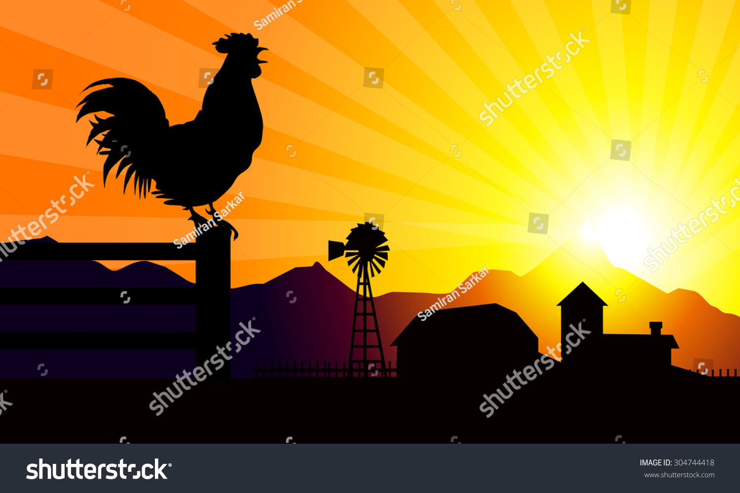 Sunrise & Rooster Stock Vector Illustration 304744418 : Shutterstock