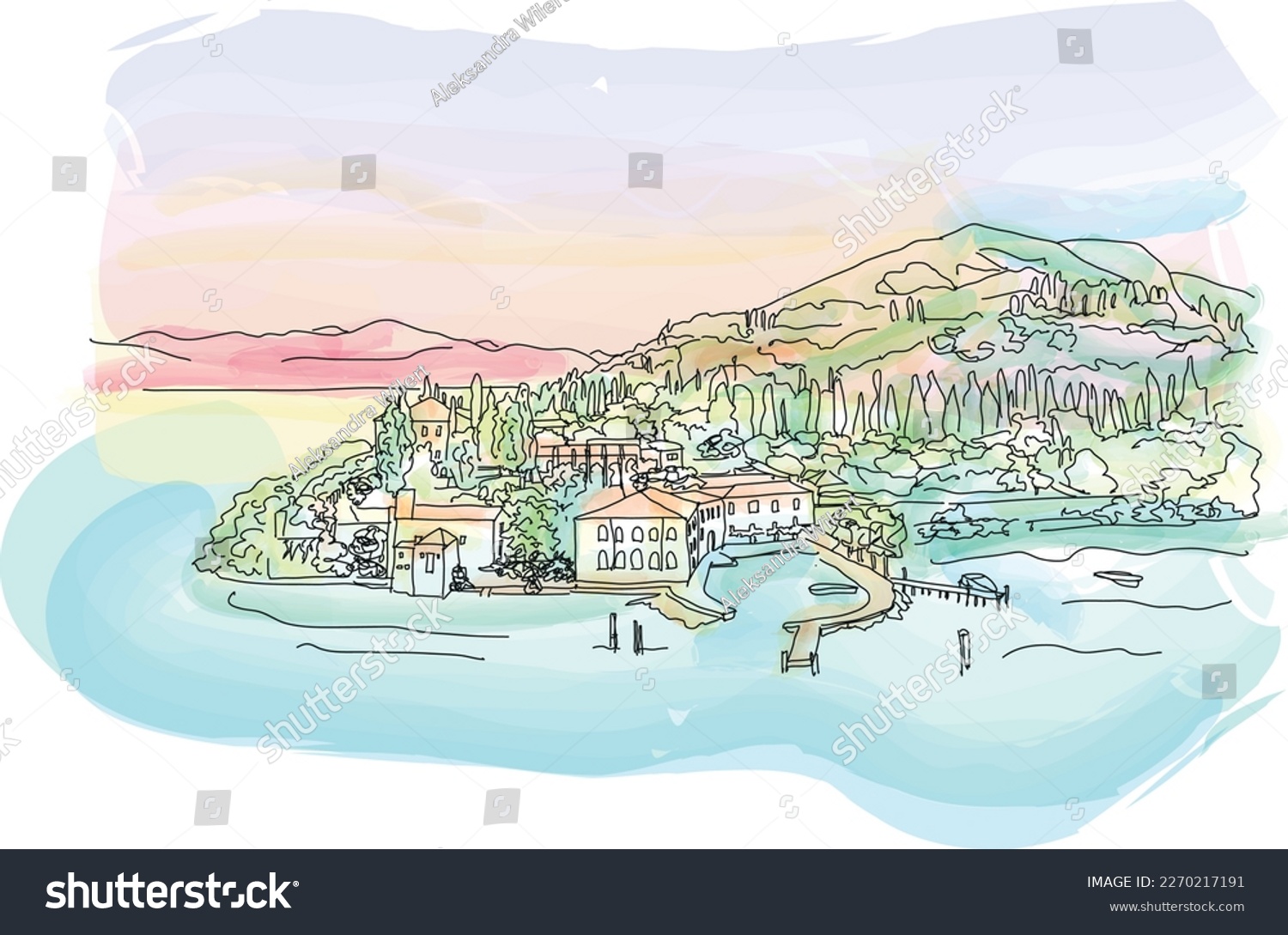 SVG of Sunrise view on Lake Garda in Limone sul Garda town, famous tourist destination in Italy svg
