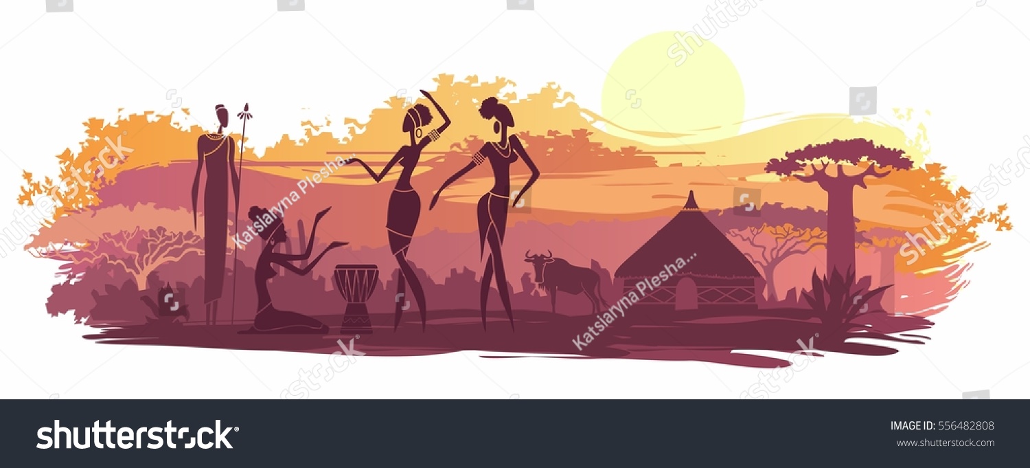 SVG of Sunset in Africa with the silhouettes of national housing, baobabs, acacia, wildebeest and dancing natives svg
