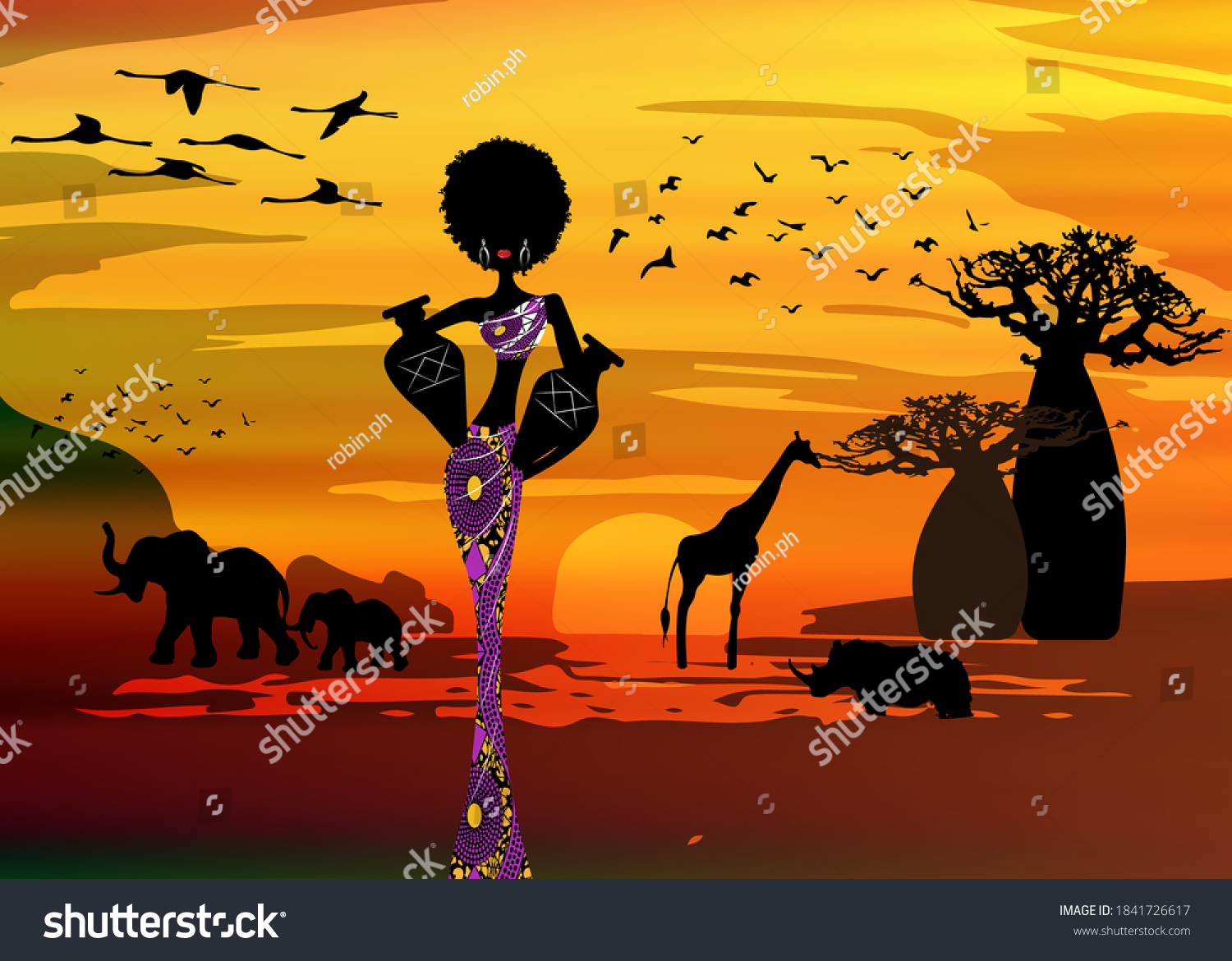 SVG of sunset landscape of forest baobab trees, elephants in the savannah and African curly woman carrying water in the pots, dressed in traditional ankara dress. Batik concept savannah safari background  svg