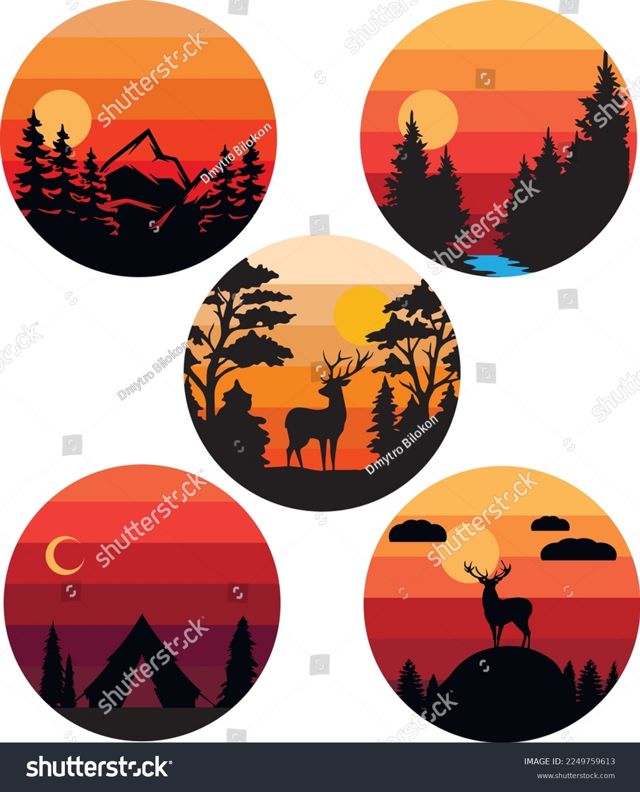SVG of Sunset mountains and forest retro design set, vintage sunset in 80s style, mountains, forest, river, deer, SVG Vector svg
