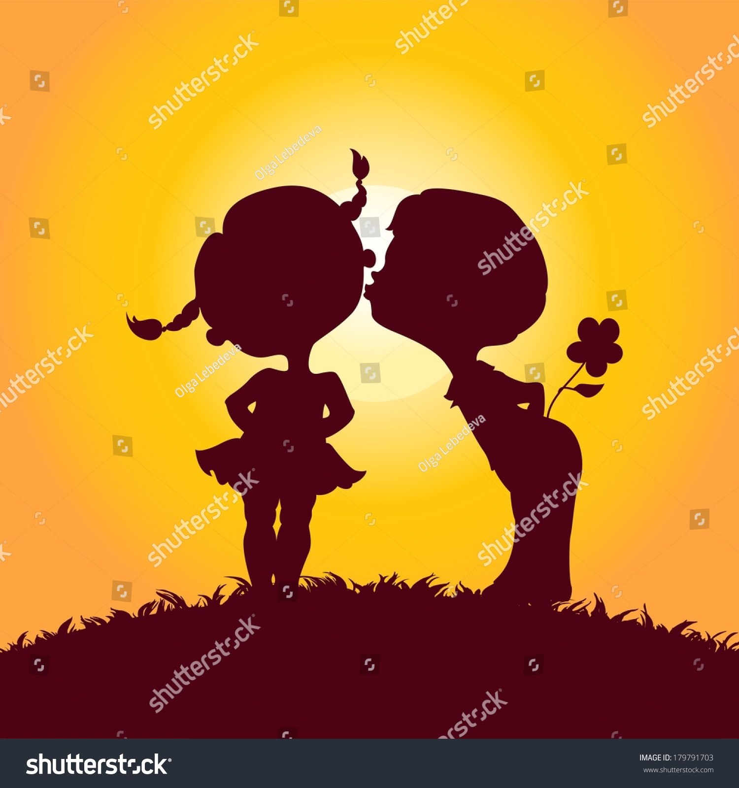 Sunset Silhouettes Kissing Boy Girl Stock Vector 179791703 Shutterstock