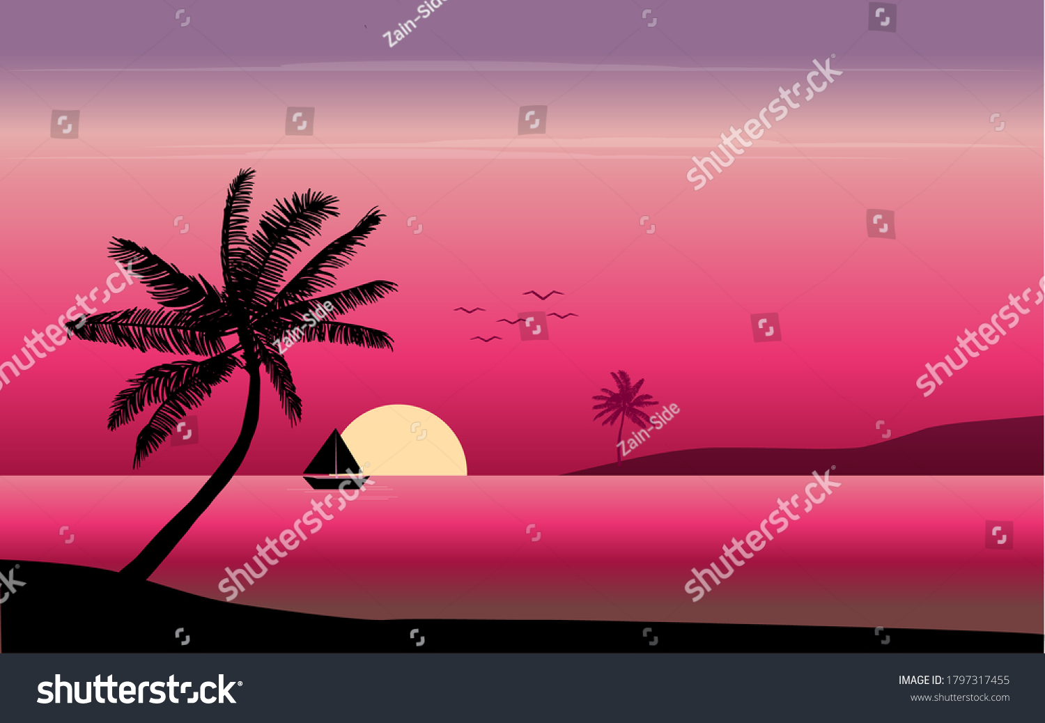 Sunset View Palm Tree Boat On Stock Vector (Royalty Free) 1797317455 ...