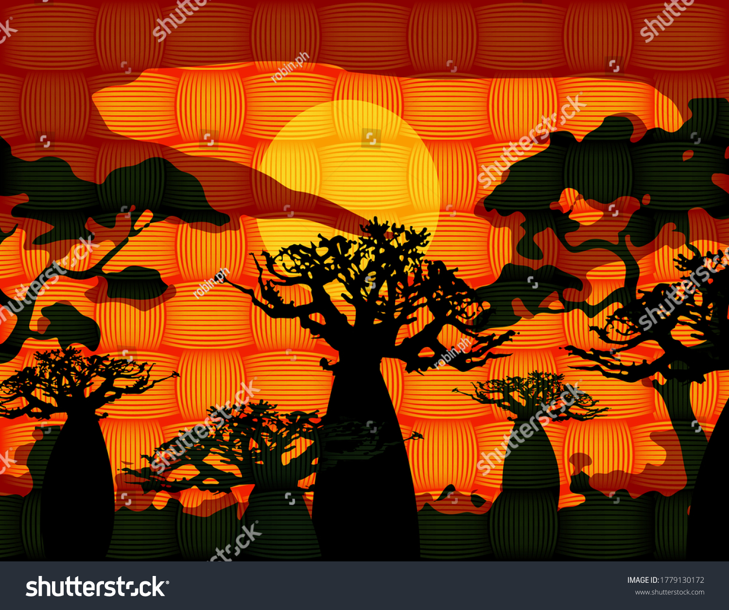 SVG of sunset with landscape of baobab trees. Forest of Boab or Baobab Tree background. African Wax Print fabric, weaved fiber pattern batik. Vector cartoon illustration, Andasonia tree silhouette icon svg