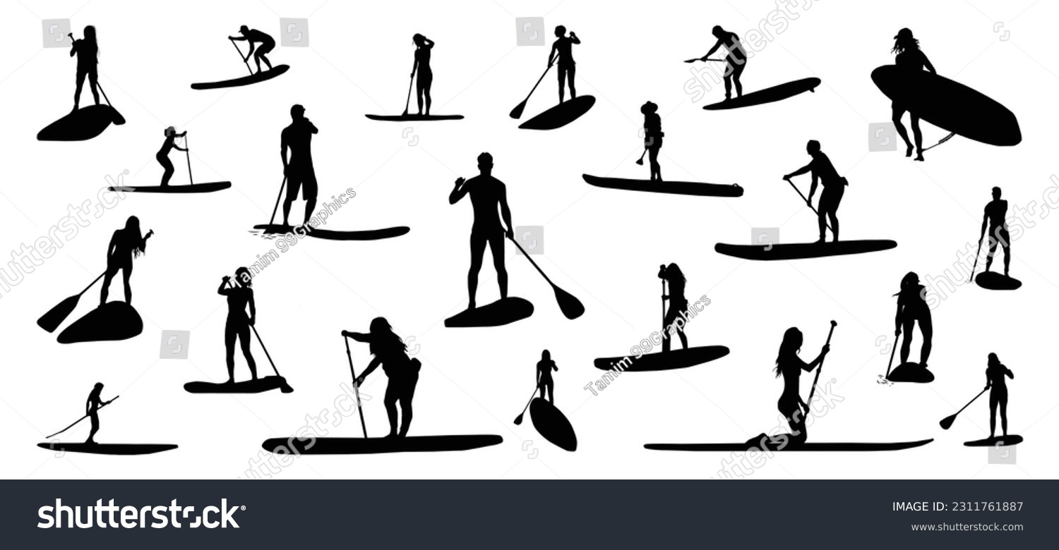 SVG of SUP silhouette. Stand Up Paddleboarding silhouette. SUP silhouette SVG vector on white background. svg