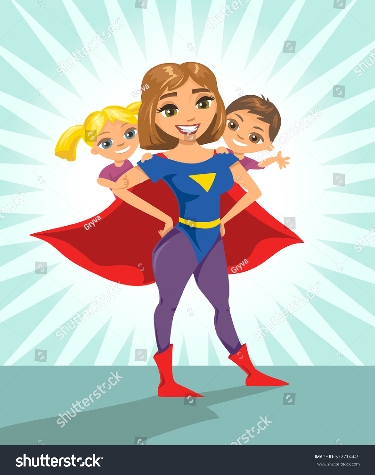 スーパーヒーロー スーパーママ 幸せな笑顔のスーパーマザーと子ども 分離型文字を含むベクターイラスト のベクター画像素材 ロイヤリティフリー