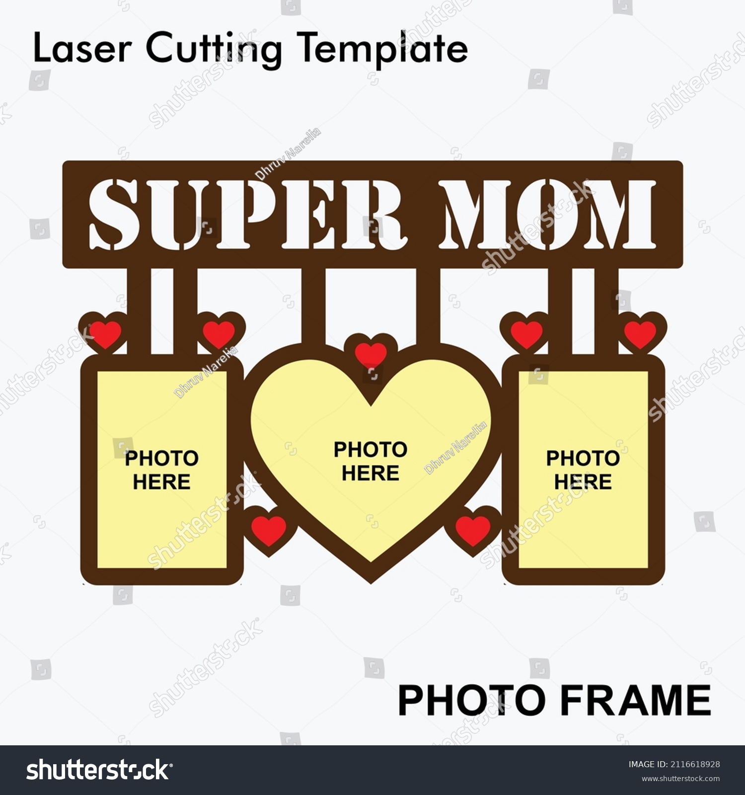 SVG of Super Mom Frame Laser cut photo frame with 3 photos. creative and beautiful frame suitable for Home Decor. Laser cut photo frame template design for mdf and acrylic cutting. svg