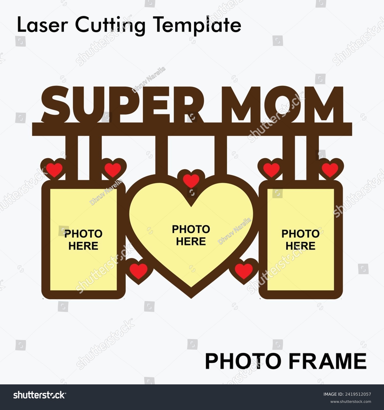 SVG of Super Mom laser cut photo frame with 3 photos. Best gift idea for mother. Laser cut photo frame mockup template design for mdf and acrylic cutting. Sublimation photo frame template. svg