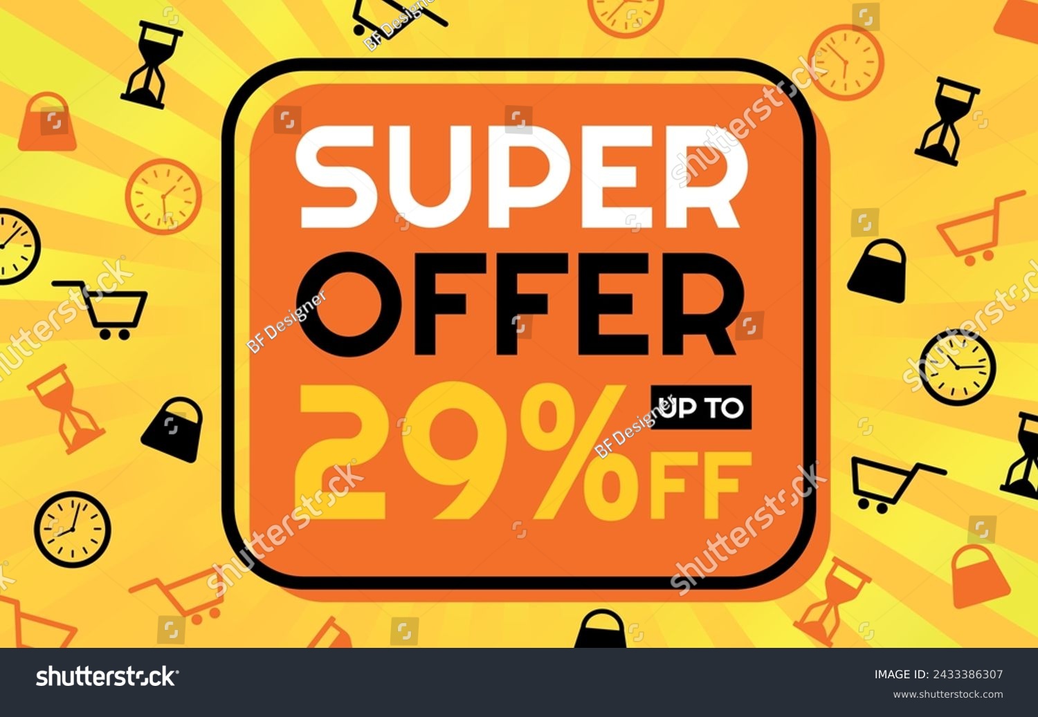 SVG of Super Offer 29% off Creative Advertising Banner, Orange, Yellow, Black and White, Sunburst Background, Shop and Limited Time Icons svg