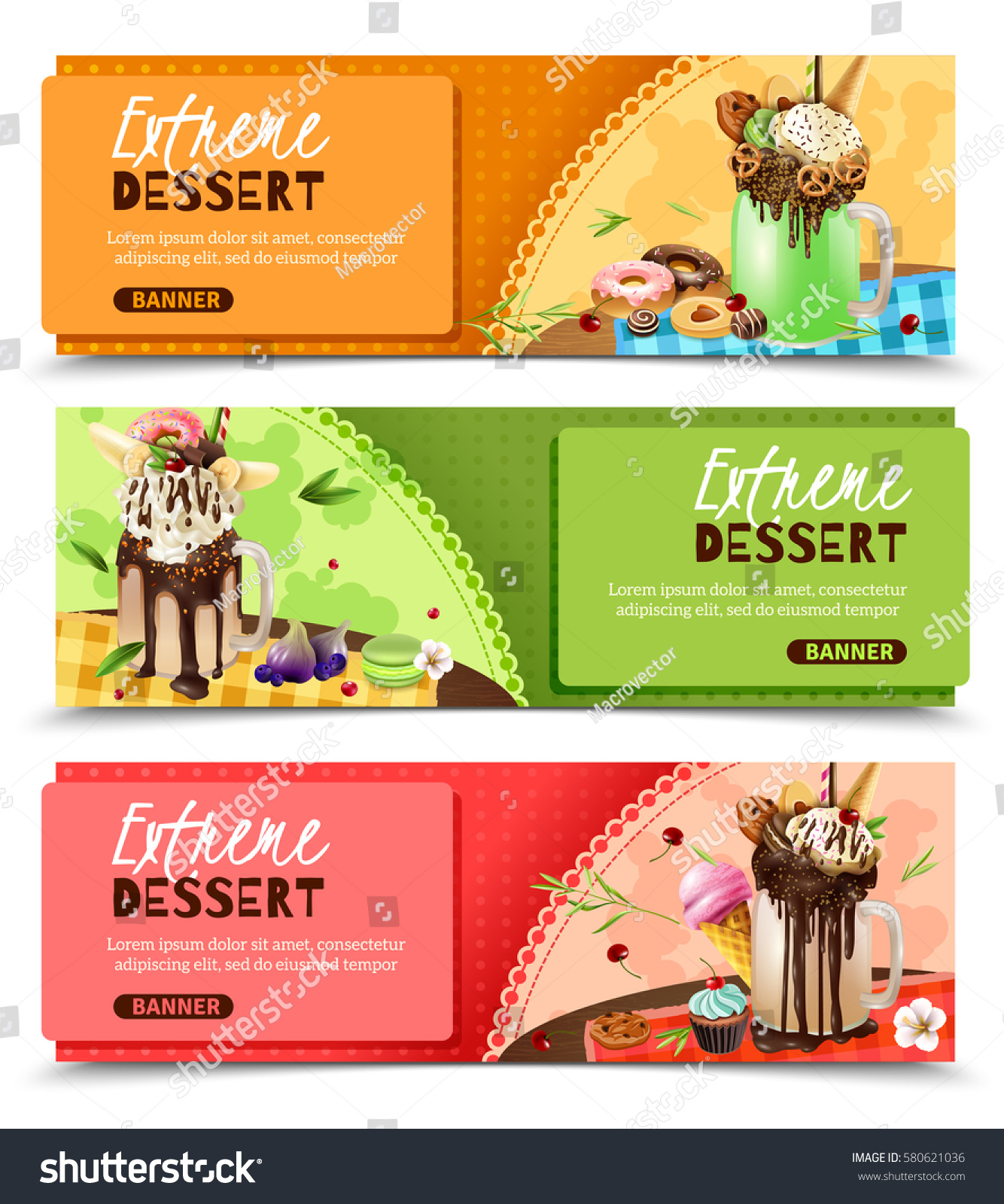 SVG of Super sweet rich extreme desserts recipes ideas 3 horizontal appetizing website page banners design isolated vector illustration  svg