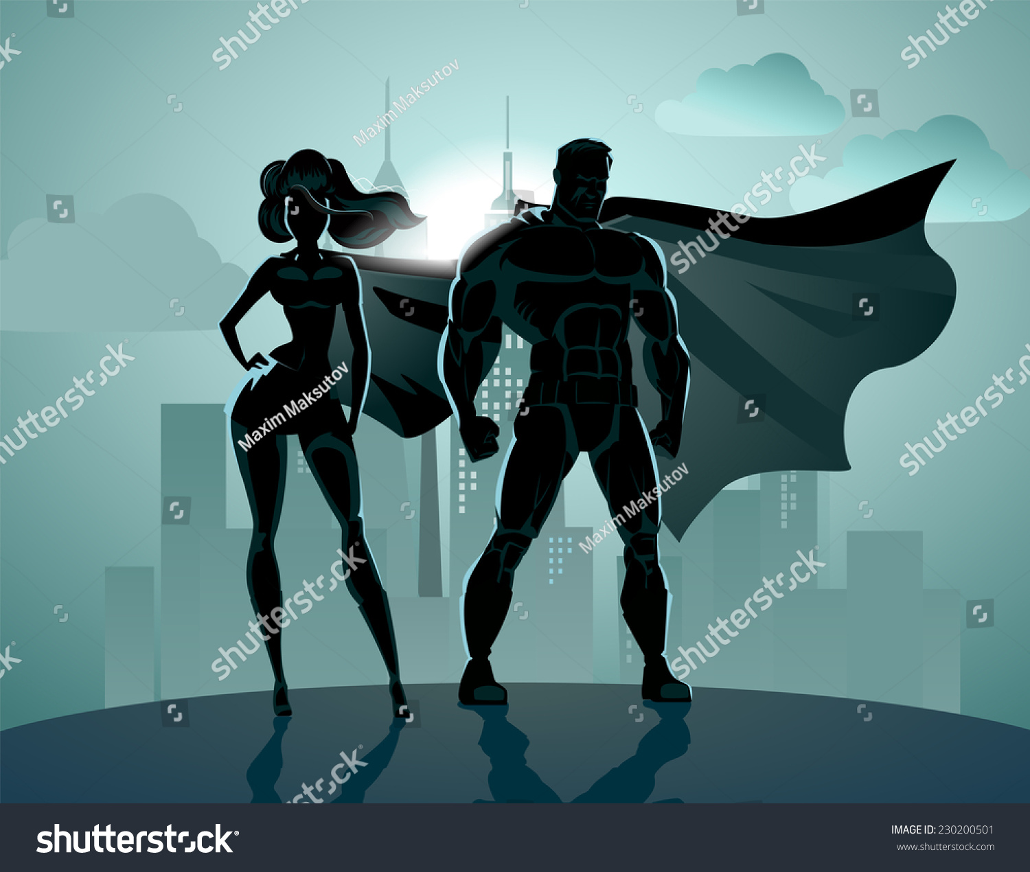 Superhero Couple Male Female Superheroes Posing Stock Vector Royalty Free 230200501 Shutterstock 