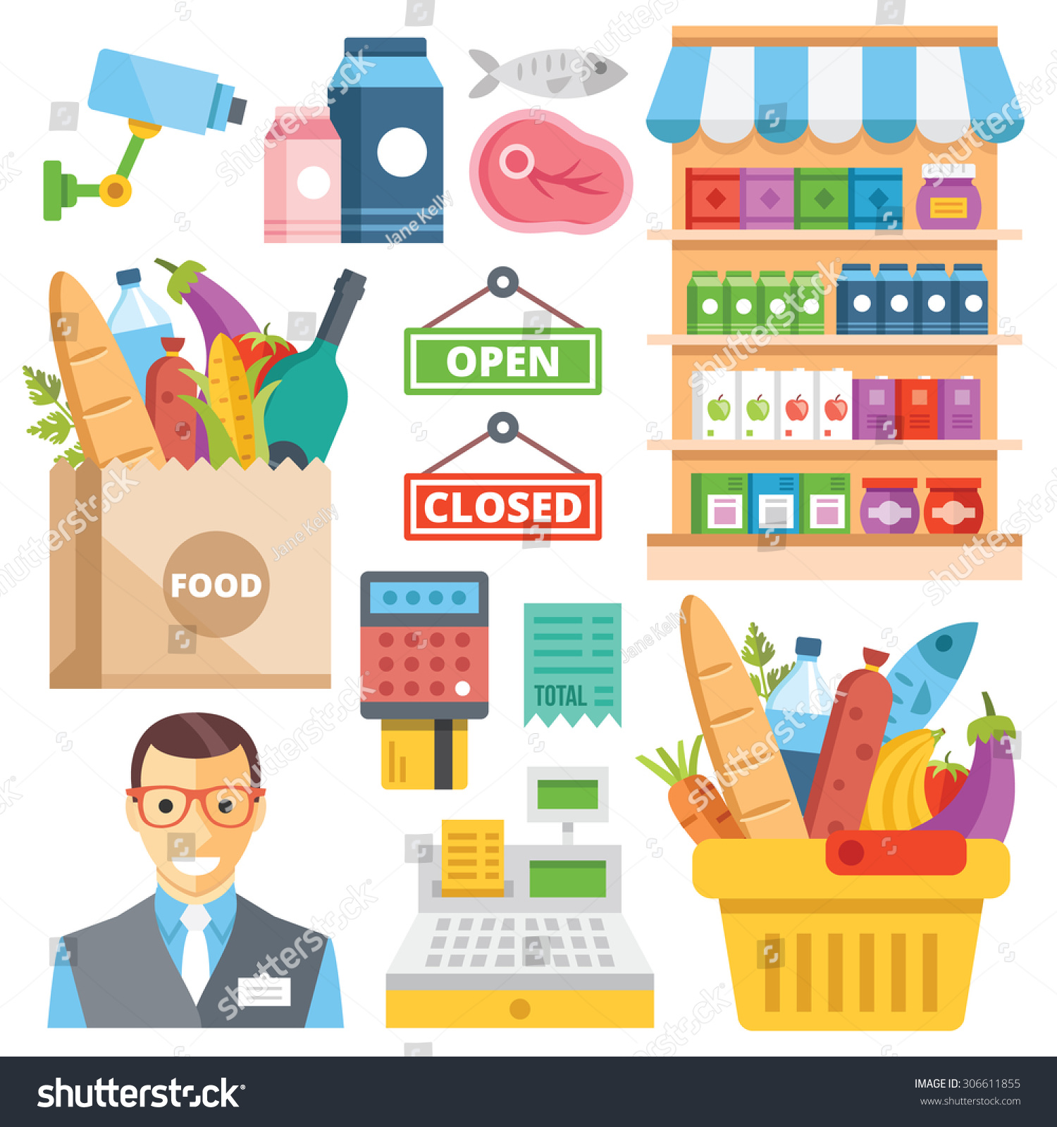 Supermarket Equipment, Food Assortment, Food Retail Flat Icons Set ...