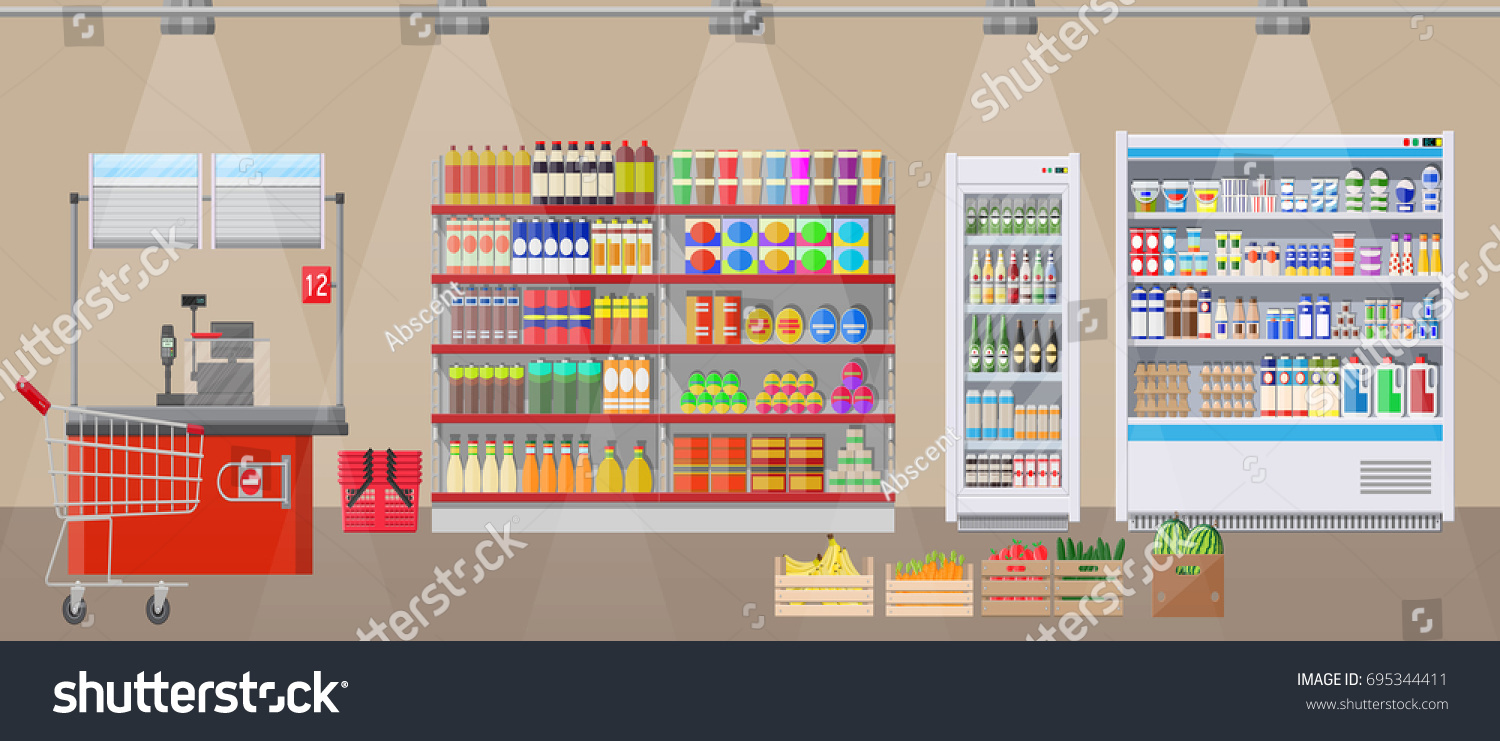 Supermarket Store Interior Goods Big Shopping Stock Vector (Royalty ...