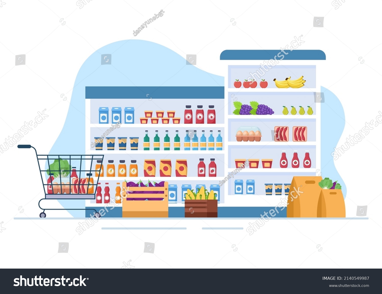 Supermarket Shelves Grocery Items Full Shopping Stock Vector Royalty Free