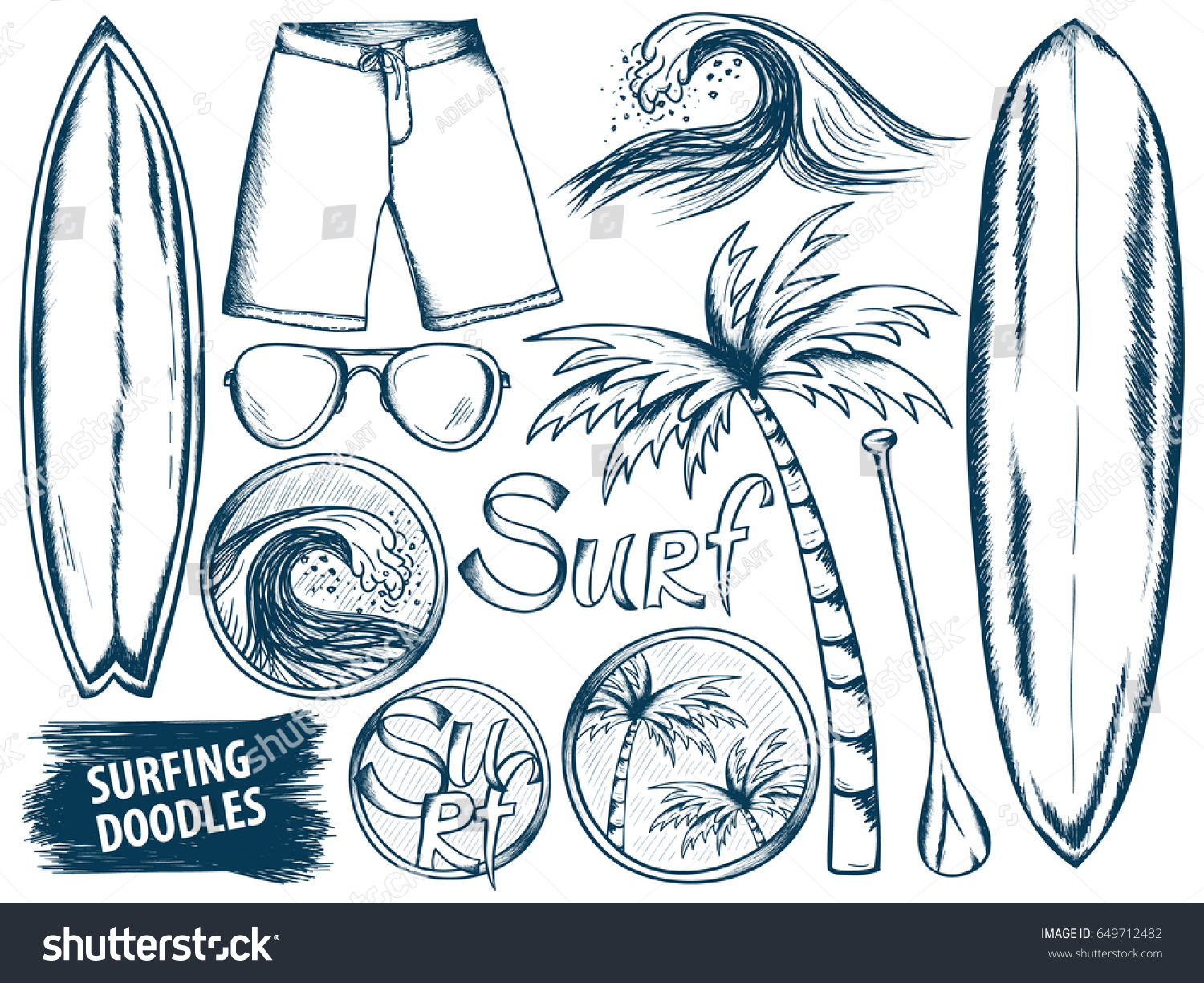 Download Surfing Doodles Summer Sketches Set Ocean Stock Vector ...