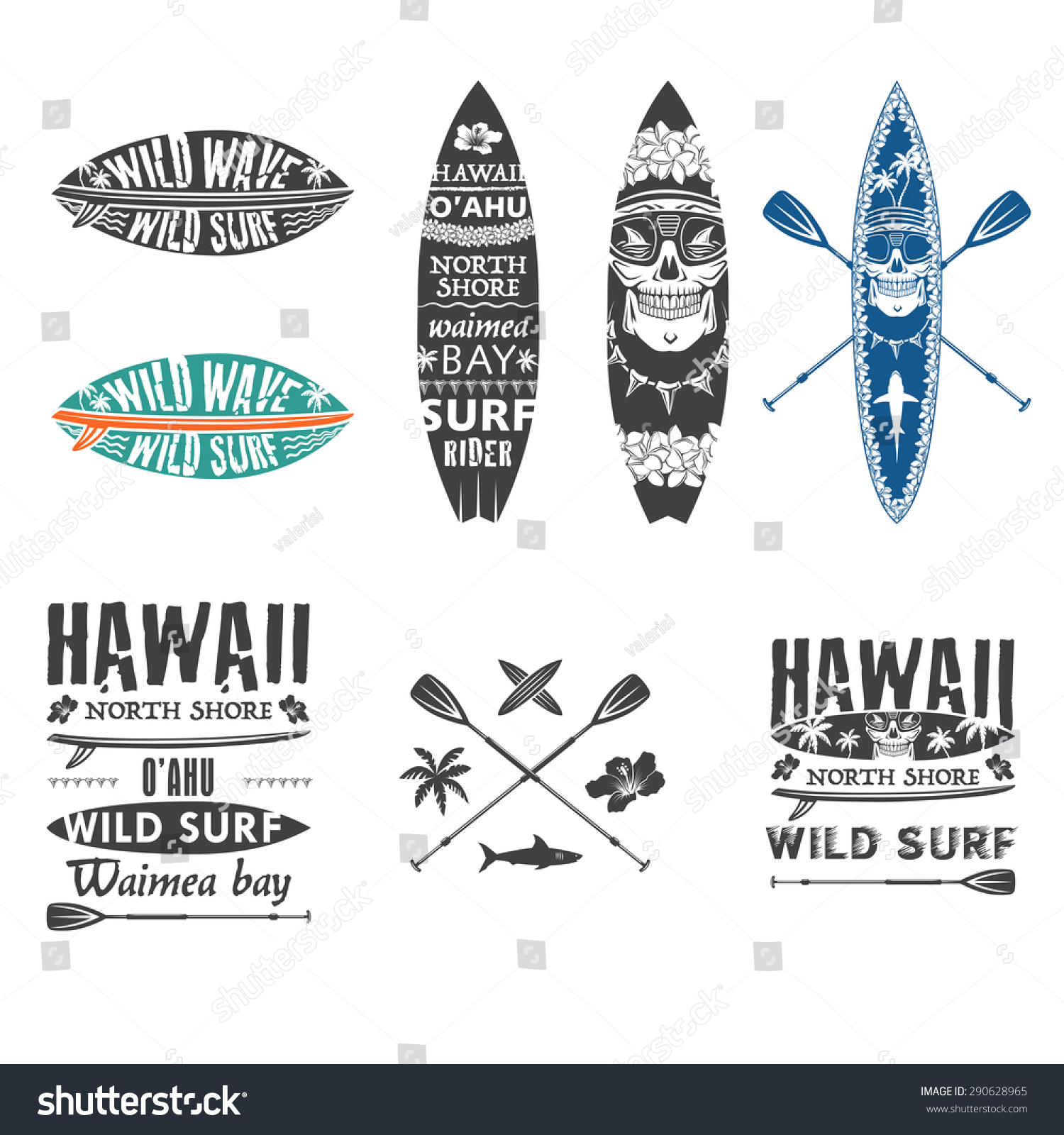 ハワイレイ サーフボード サーフ歯 サメ 頭蓋骨 パドルを使ったサーフィンのベクター画像エンブレム のベクター画像素材 ロイヤリティフリー