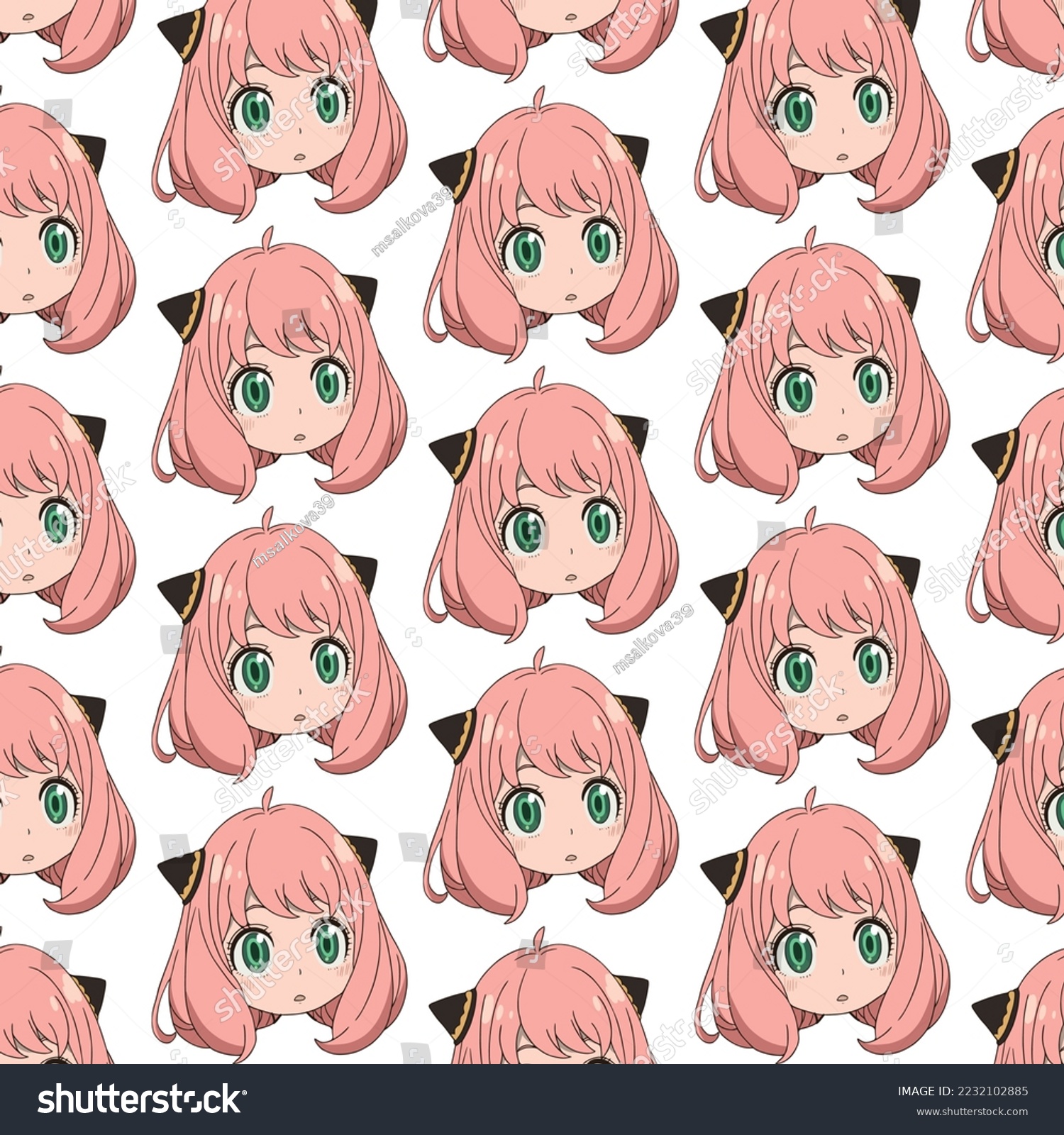 SVG of Surprised girl with wide open eyes, pink blush on her cheeks, the girl has ears and lush pink hair, only a head without a body, pattern svg