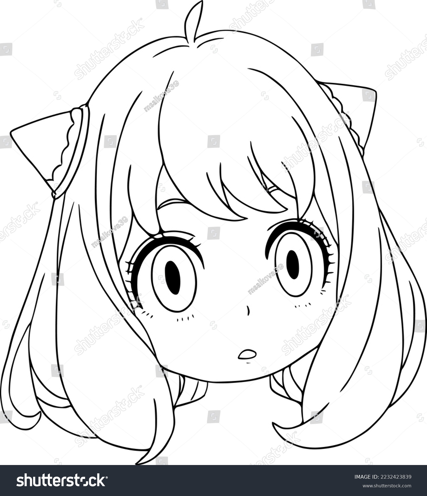 SVG of Surprised girl with wide open eyes, the girl has ears and lush hair, no body only head, sketch, doodle, coloring book svg