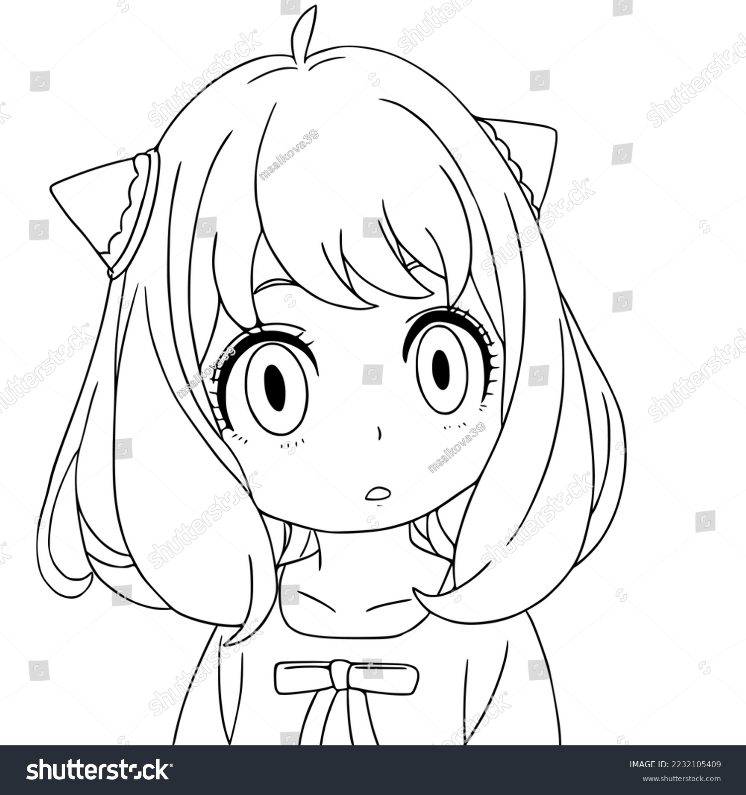 SVG of Surprised girl with wide open eyes, the girl has ears and puffy hair, a dress with a bow, a sketch, a doodle, a coloring book svg