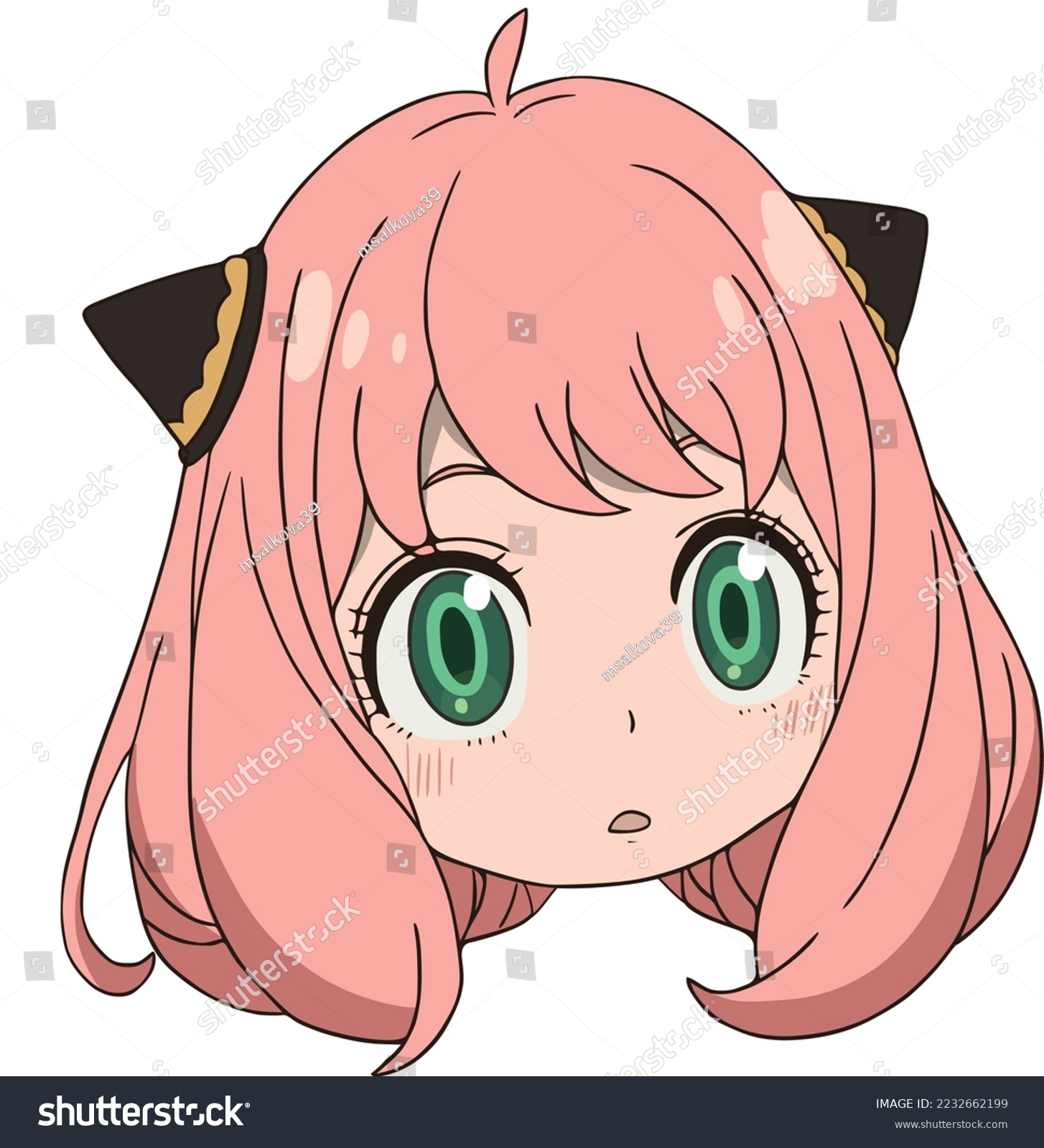 SVG of Surprised girl with wide open green eyes, pink blush on her cheeks, the girl has ears and lush pink hair, only a head without a body, pattern svg