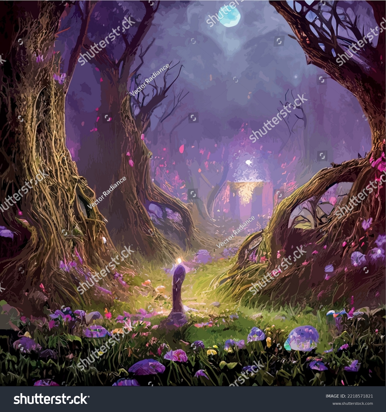 SVG of surreal mushroom landscape, fantasy wonderland landscape with mushrooms moon. vector illustration. Dreamy fantasy mushrooms in magical forest. illustration for book cover. Amazing nature landscape svg