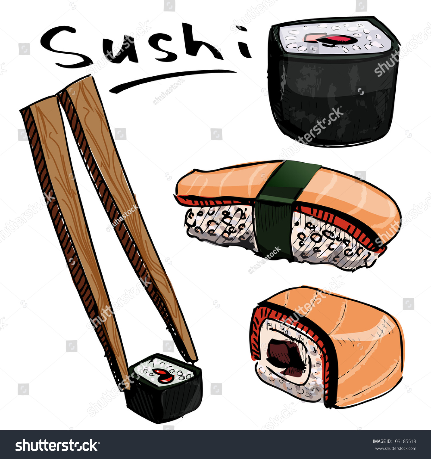 Sushi Colorful Collection Hand Drawing Sketch Stock Vector 103185518 ...