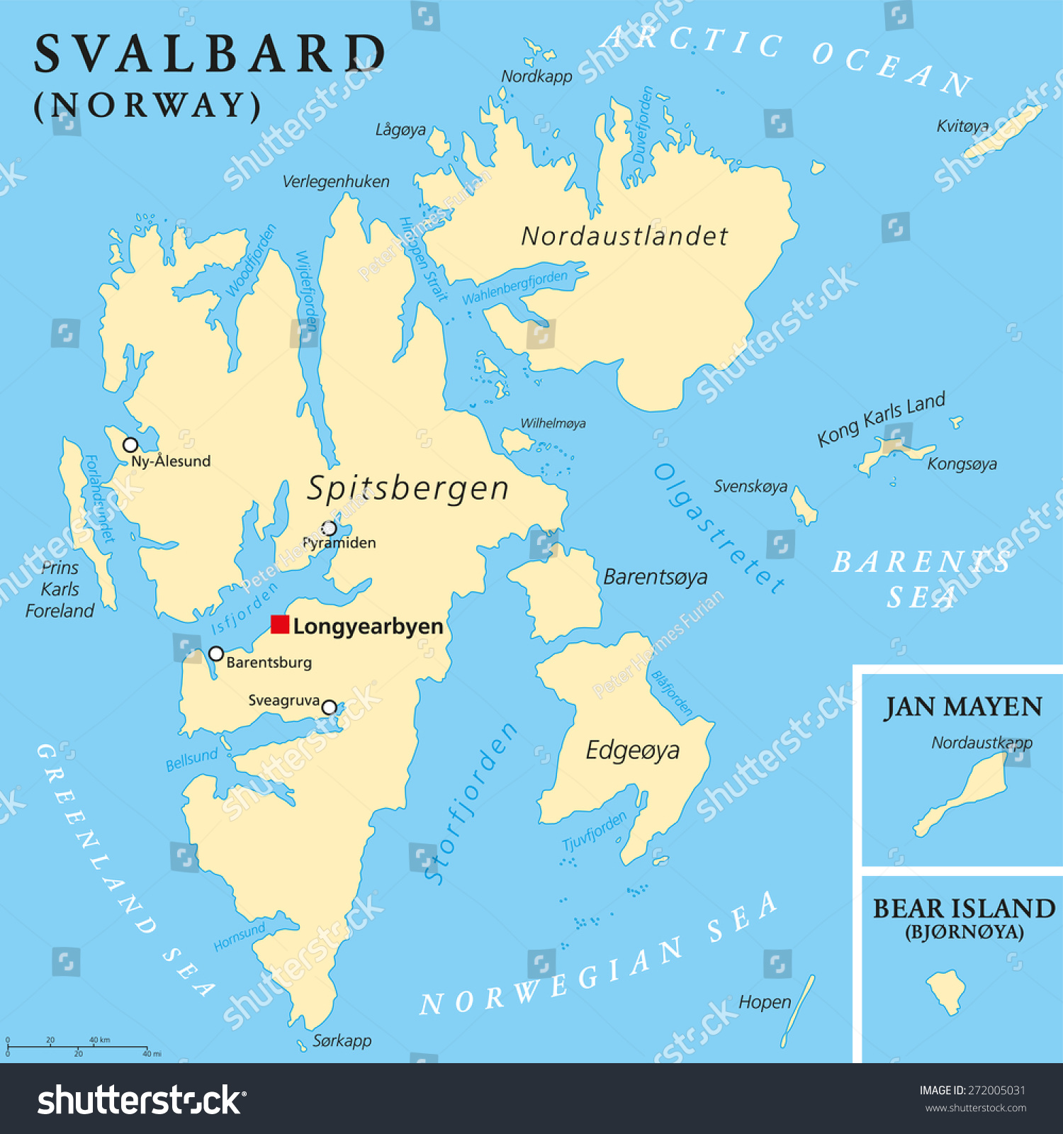Stock Vector Svalbard Political Map With Capital Longyearbyen A Norwegian Archipelago In The Arctic Ocean 272005031 