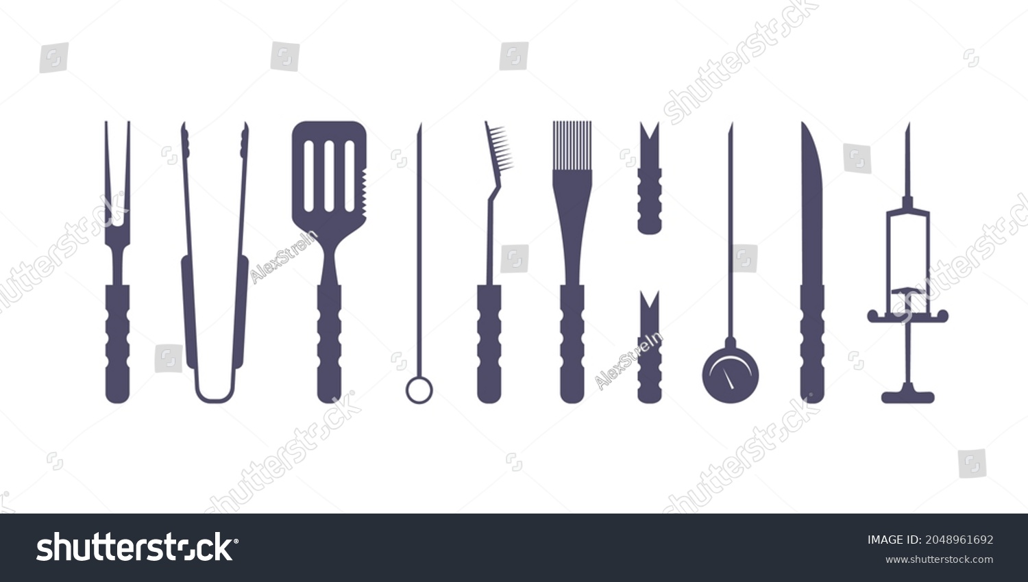 SVG of SVG. BBQ, grill, barbecue accessories, utensils, tools, equipment. Cutlery. Vector for plotter. Flat isolated vector illustration.Thermometer, meat Injector, claws, fork, tongs, spatula, skewer, knife svg