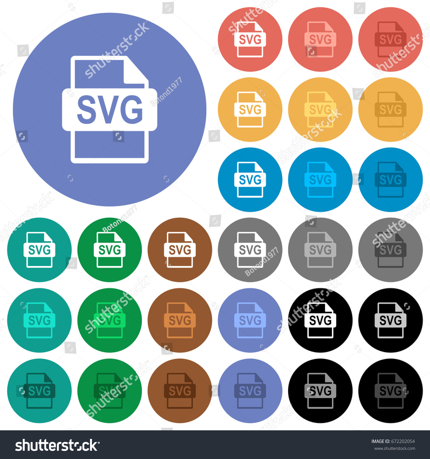 SVG of SVG file format multi colored flat icons on round backgrounds. Included white, light and dark icon variations for hover and active status effects, and bonus shades on black backgounds. svg