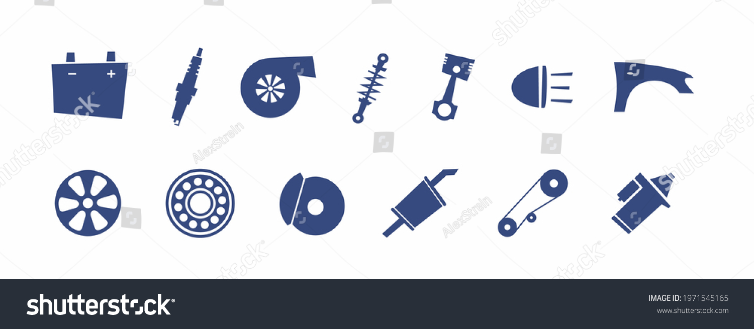 SVG of SVG set auto parts, car spare for car repair and service. Electrical, engine, auto body parts. Spark plug. Battery. Colorful flat isolated templates vector illustration for plotter and laser cutting.  svg
