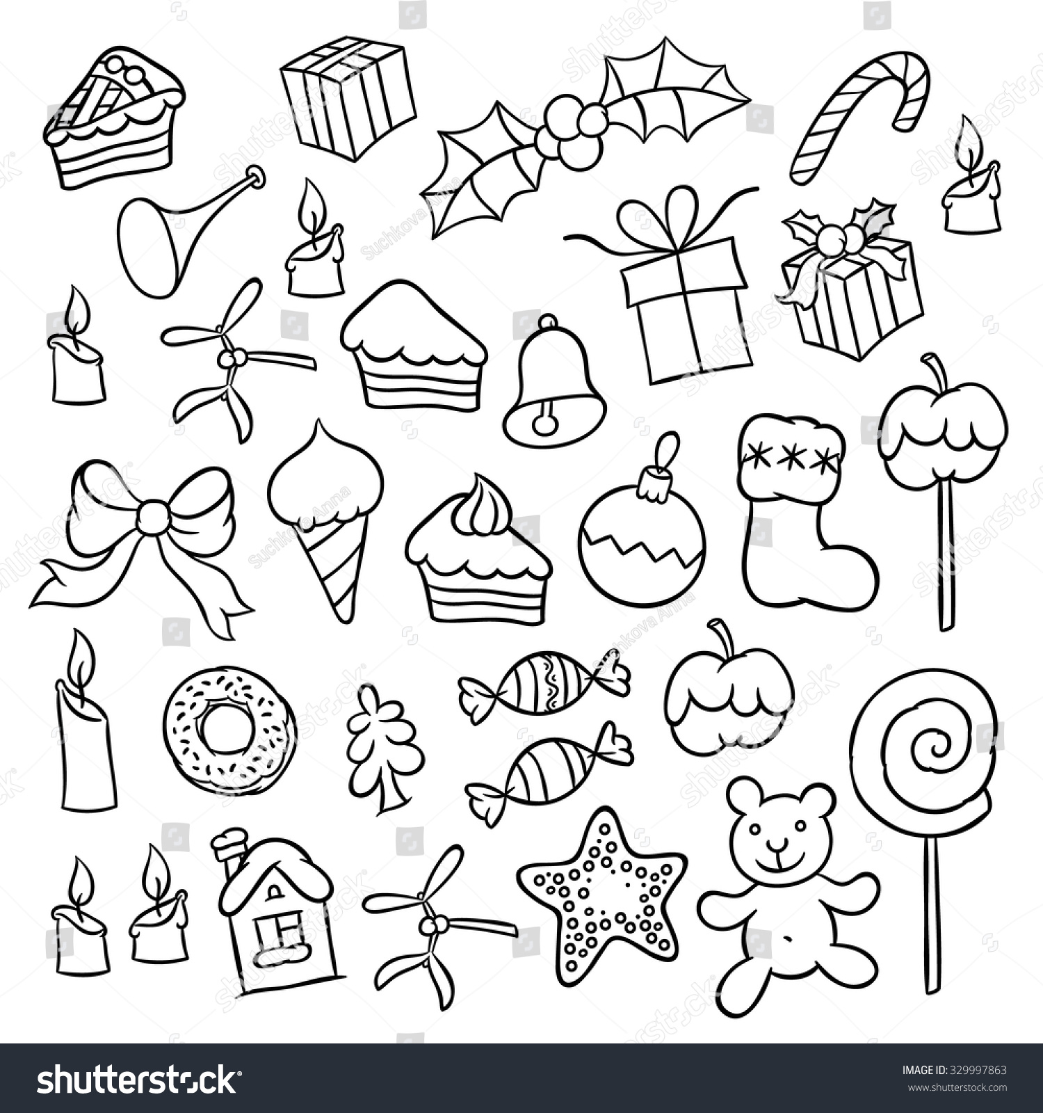 Sweet food and Christmas symbols vector line art icons set