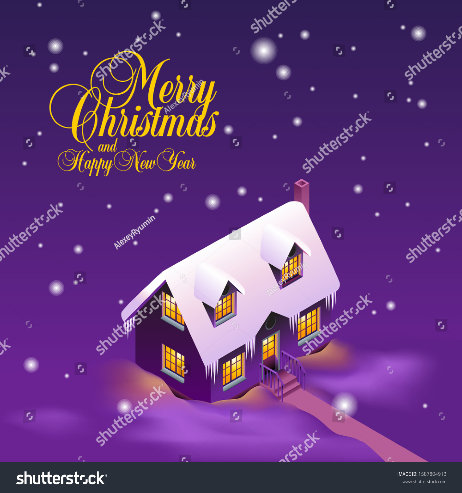 Sweet home and merry Christmas square vector social media or banner template with snowflakes on violet background.