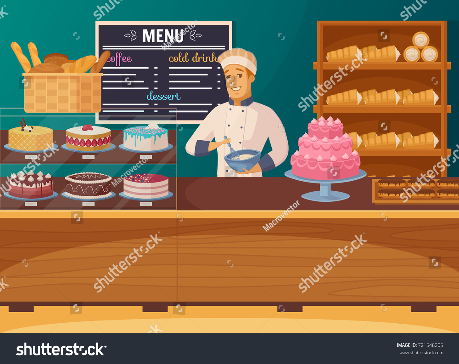 SVG of Sweet shop cartoon composition with  smiling confectioner near counter and showcase with cakes and bread vector illustration svg