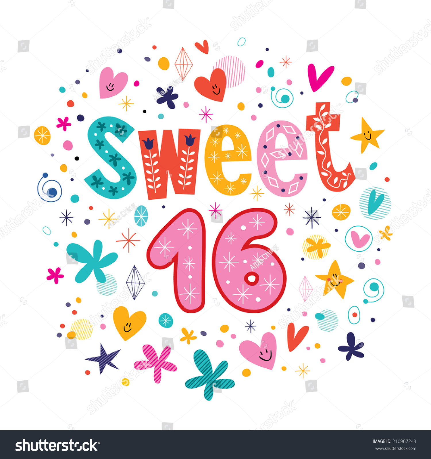 Sweet Sixteen Text Decorative Retro Typography Stock Vector (Royalty