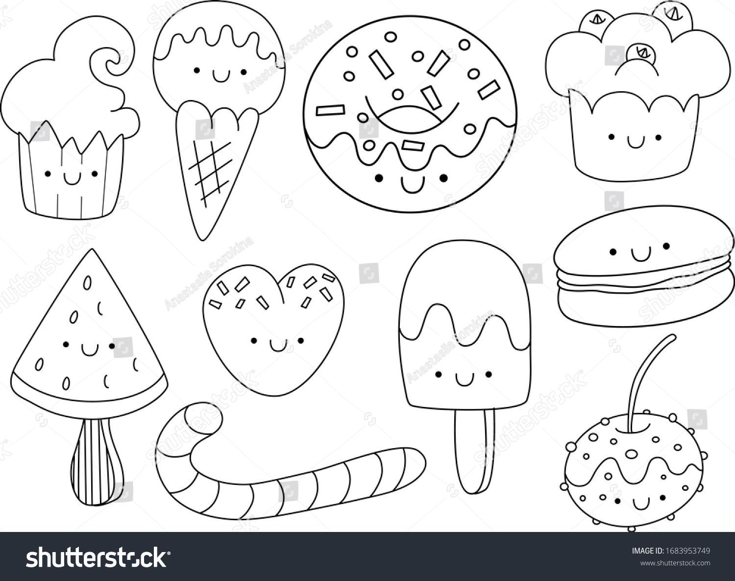 Sweets Cute Cartoons Kawaii Style Coloring Stock Vector (Royalty Free ...