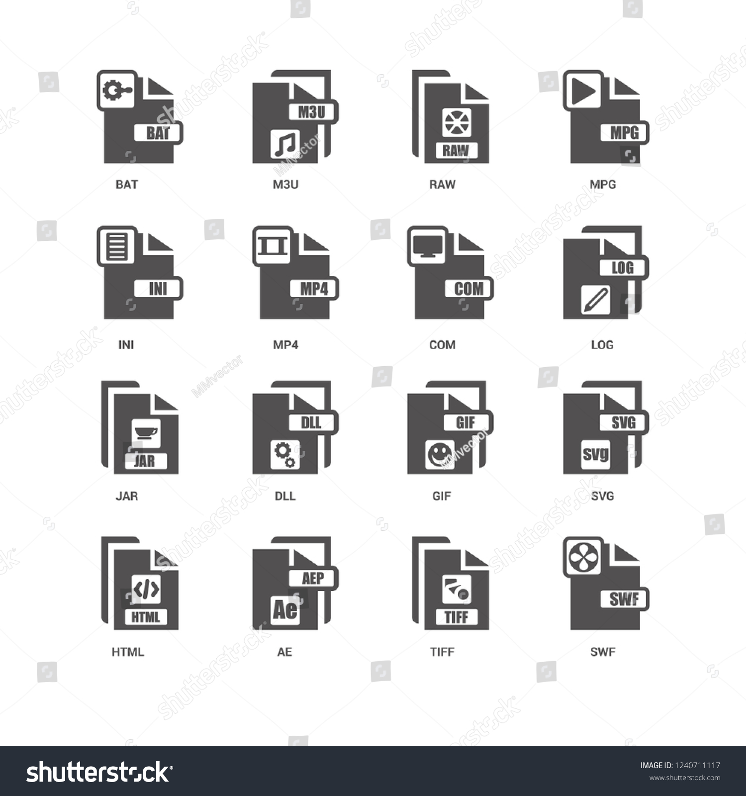SVG of Swf, Log, Com, Html, Svg, Bat, Ini, Jar, Tiff, AE, Raw icon 16 set EPS 10 vector format. Icons optimized for both large and small resolutions. svg