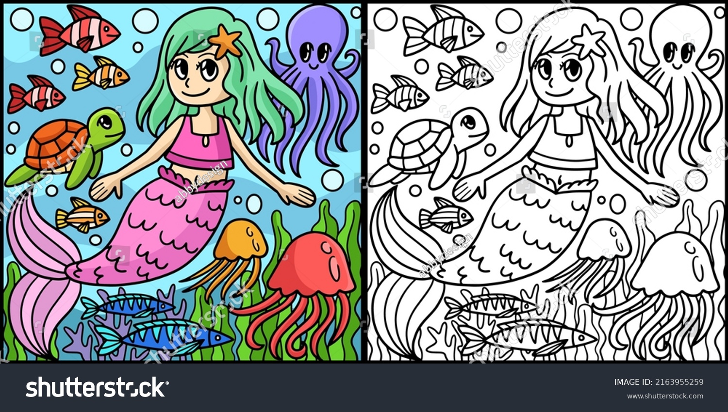 Swimming Mermaid Coloring Page Illustration Stock Vector (Royalty Free ...