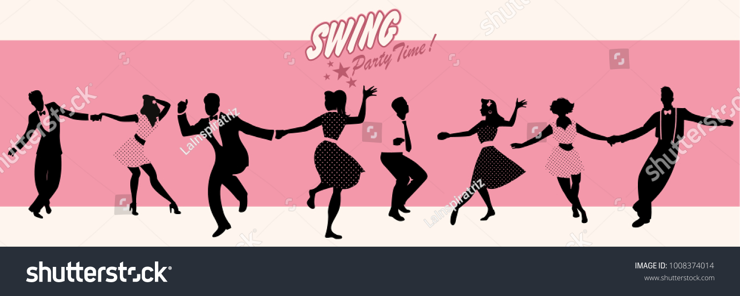 SVG of Swing Party Time: Silhouettes of four young couples wearing retro clothes dancing swing or lindy hop svg