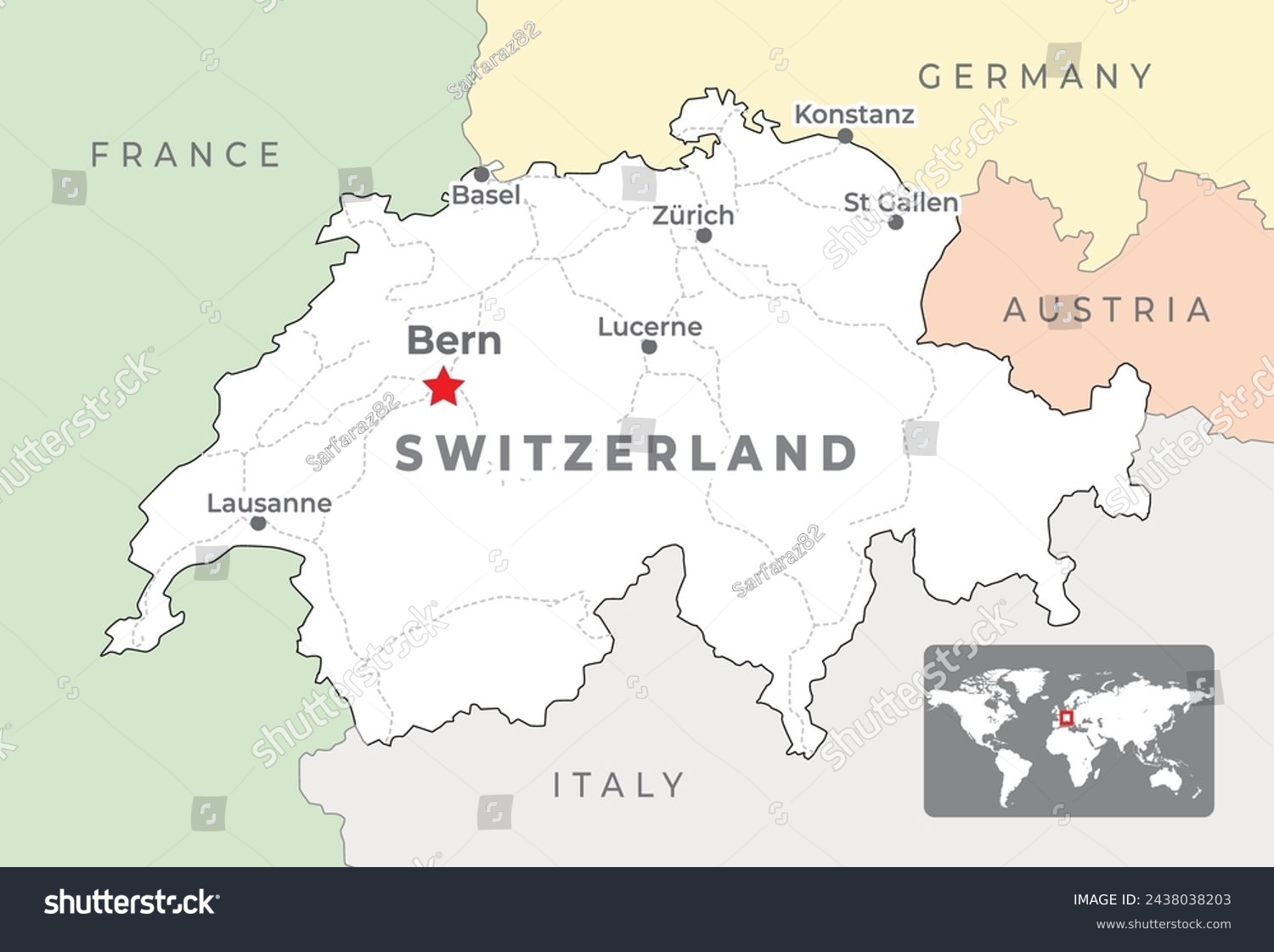 SVG of Switzerland Political Map with capital Bern, most important cities and national borders svg